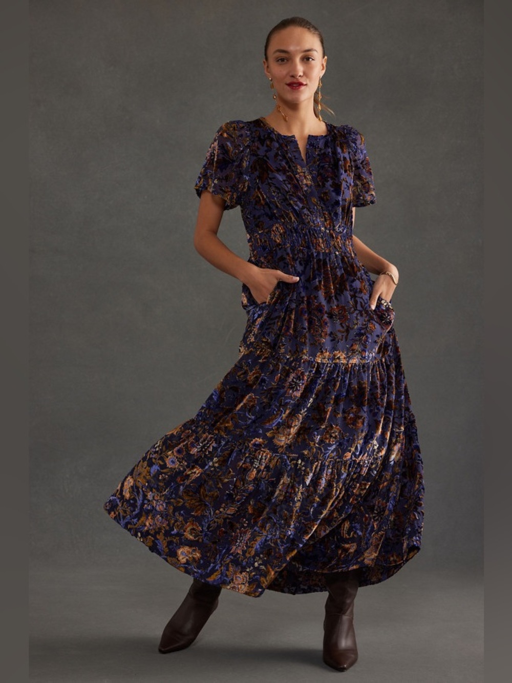 Anthropologie Somerset Maxi Dress Tiered Velvet Purple Medium Petite